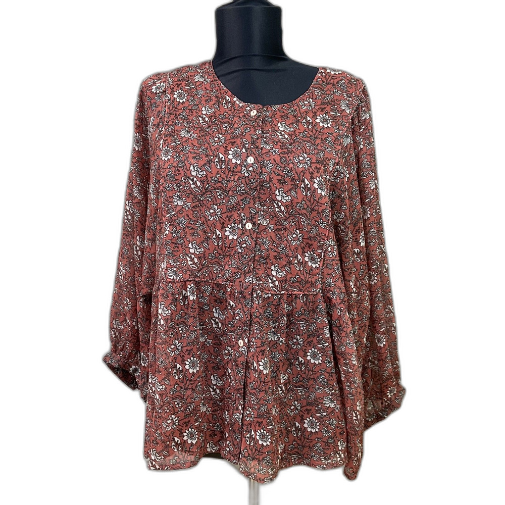 Lucky Brand Babydoll Peasant Top Floral size L buttons partial lined Rodeo